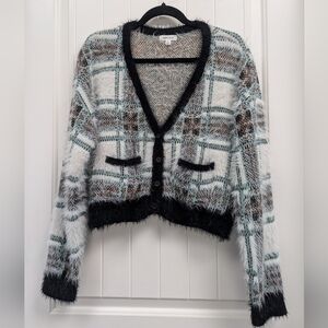 Stitch & Pine Fuzzy Plaid Cardigan Sweater